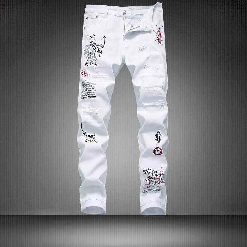 Pantalon décontracté à la mode pour hommes impression élastique brodé trou blanc Patch Dj Style pantalon à la mode pour hommes jeunesse