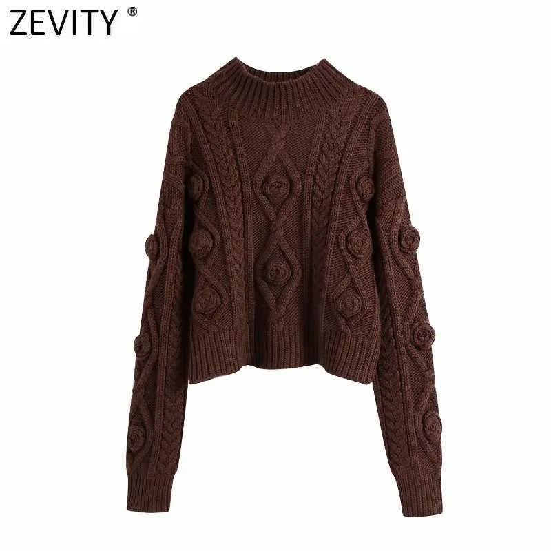 Zevity Women Fashion Geometric Twist Crocheted Knitted Short Sweater Female O Neck Long Sleeve Casual Pullovers Chic Tops S538 210603