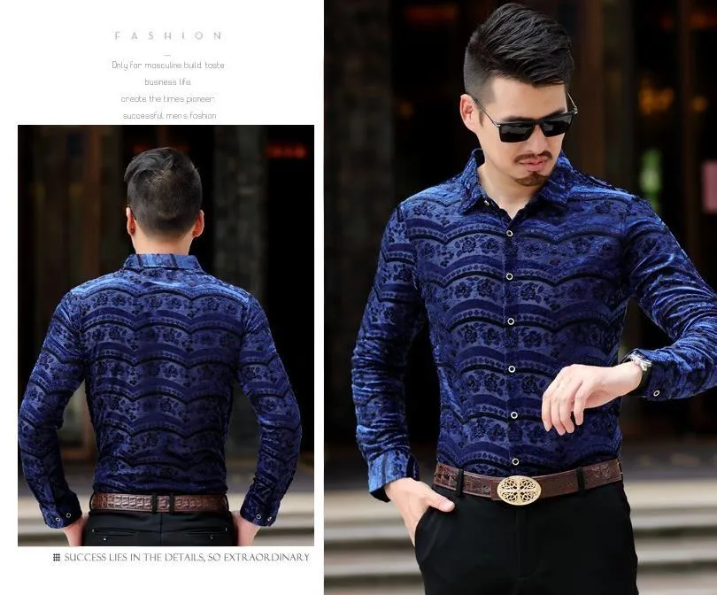 Herrklänningskjortor Silk Mens Vevlet Floral Shirt Se genom sommarlång ärm Social Male Business Casual Soft Thin256f