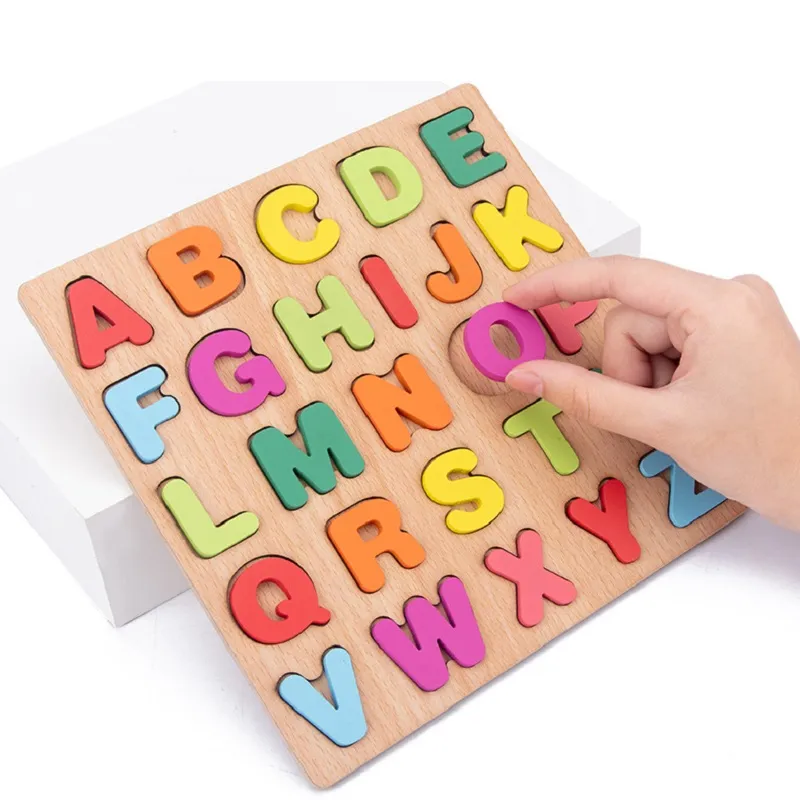 New Wooden 3D Puzzle Blocks Toy Kids English Alphabet Number Cognitive Matching Board Baby Early Educational Learning Toys for Children W0