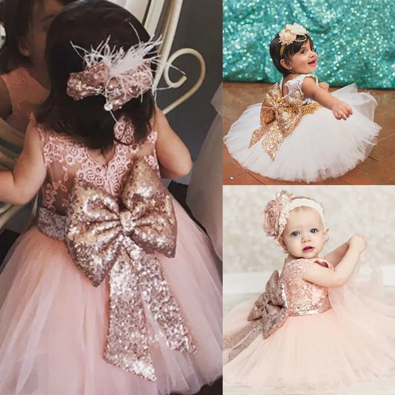 New Pricess Girls Dress Kids Baby Girl Sequins Boknot Party Girls Dresses Ball Gown Dresses Kostym 210303