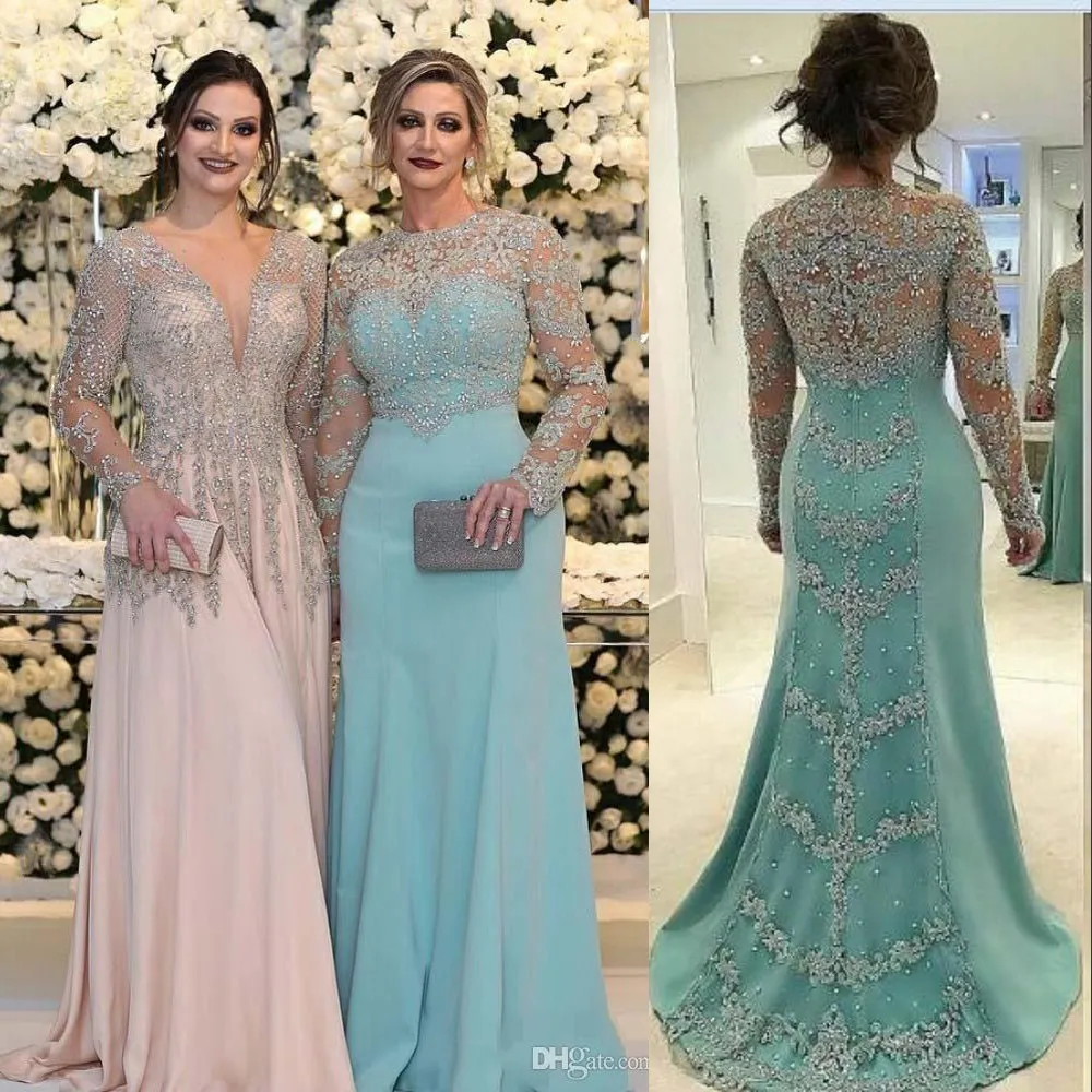 2021 Aftonklänningar Slitage Sexig Juvel Långärmad Slide Himmel Blå Silver Lace Appliques Crystal Pärlor Formell Party Dress Prom Crows
