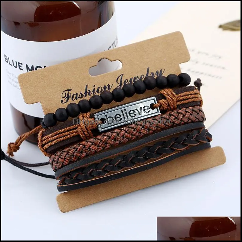 4pcs/set Mens vintage Leather Believe charm bracelet sets Braided Leather rope Black Beads chains Warp Bangle For women Fashion Punk