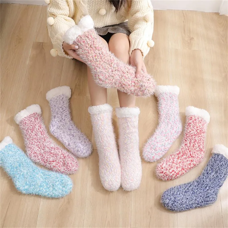 Cozy Winter Warm Velvet Fleece Indoor House Slipper Socks with Anti Skid Sole for Women