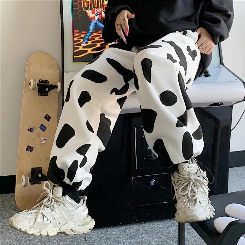 Pantalon femme pantacourt pantalon droit ample Ins femme imprimé vache Harajuku Ulzzang Kawaii pantalon de survêtement surdimensionné cordon de serrage Joggers