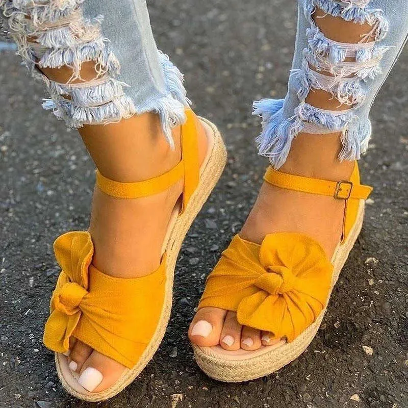 Brkwlyz 2021 Kvinnor Casual Sandals Sommarskor Hemp Flats Platform Ladies Bowknot Buckle Strap Mode Kvinna Ny Peep Toe Kvinna Y0608