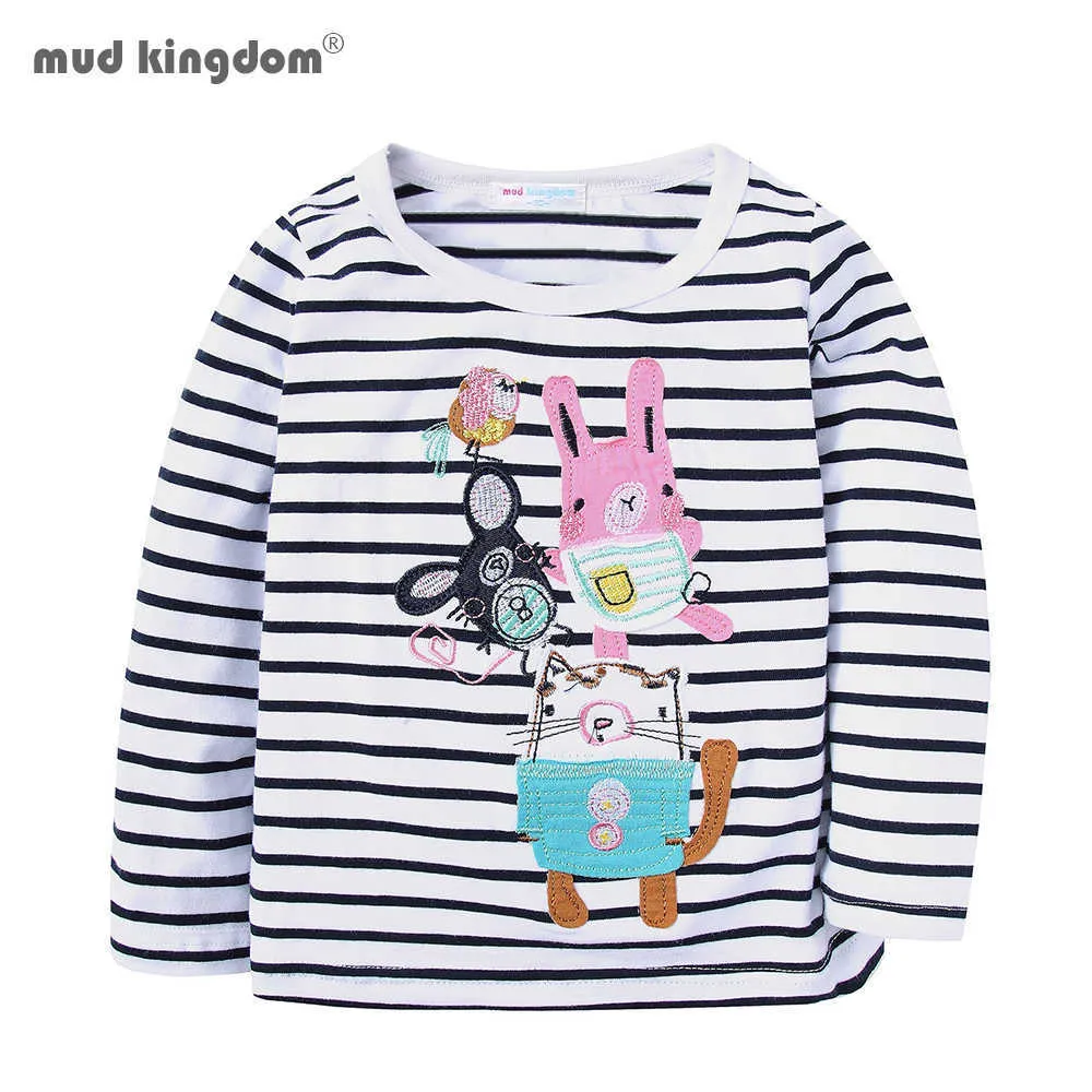 Mudkingdom Girls T-shirts à manches longues à manches longues Motif animal mignon Tops rayés Vêtements pour enfants 210615