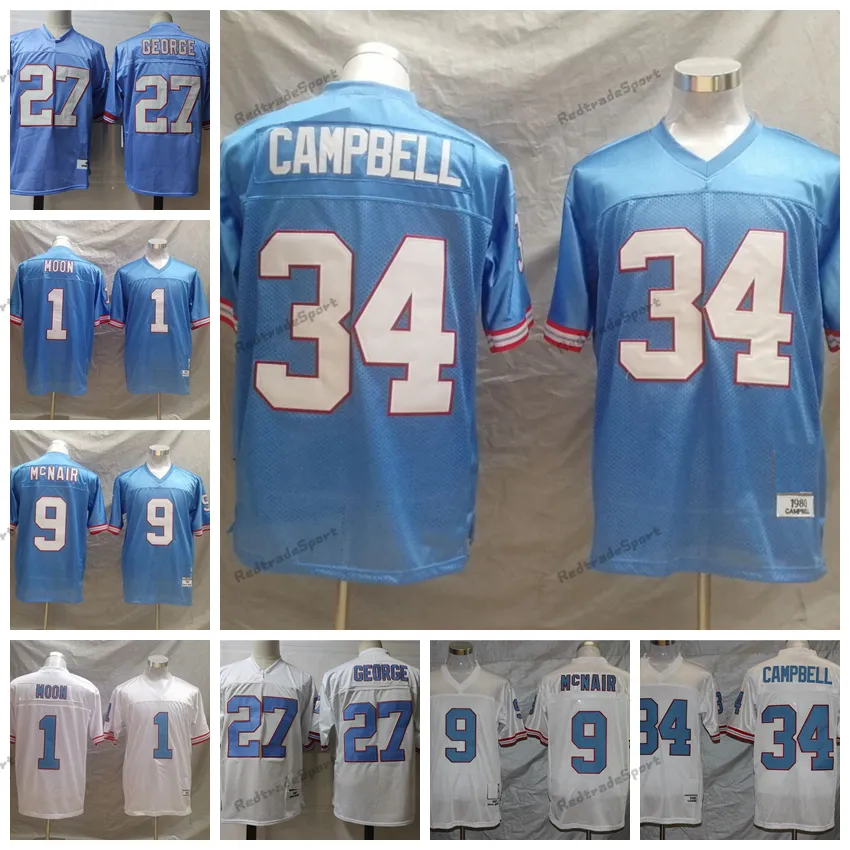 빈티지 남성 1980 축구 유니폼 1 워렌 문 34 Earl Campbell 9 Steve McNair 74 Bruce Matthews 스티치 셔츠 자수 블루 27 Eddie George Jersey