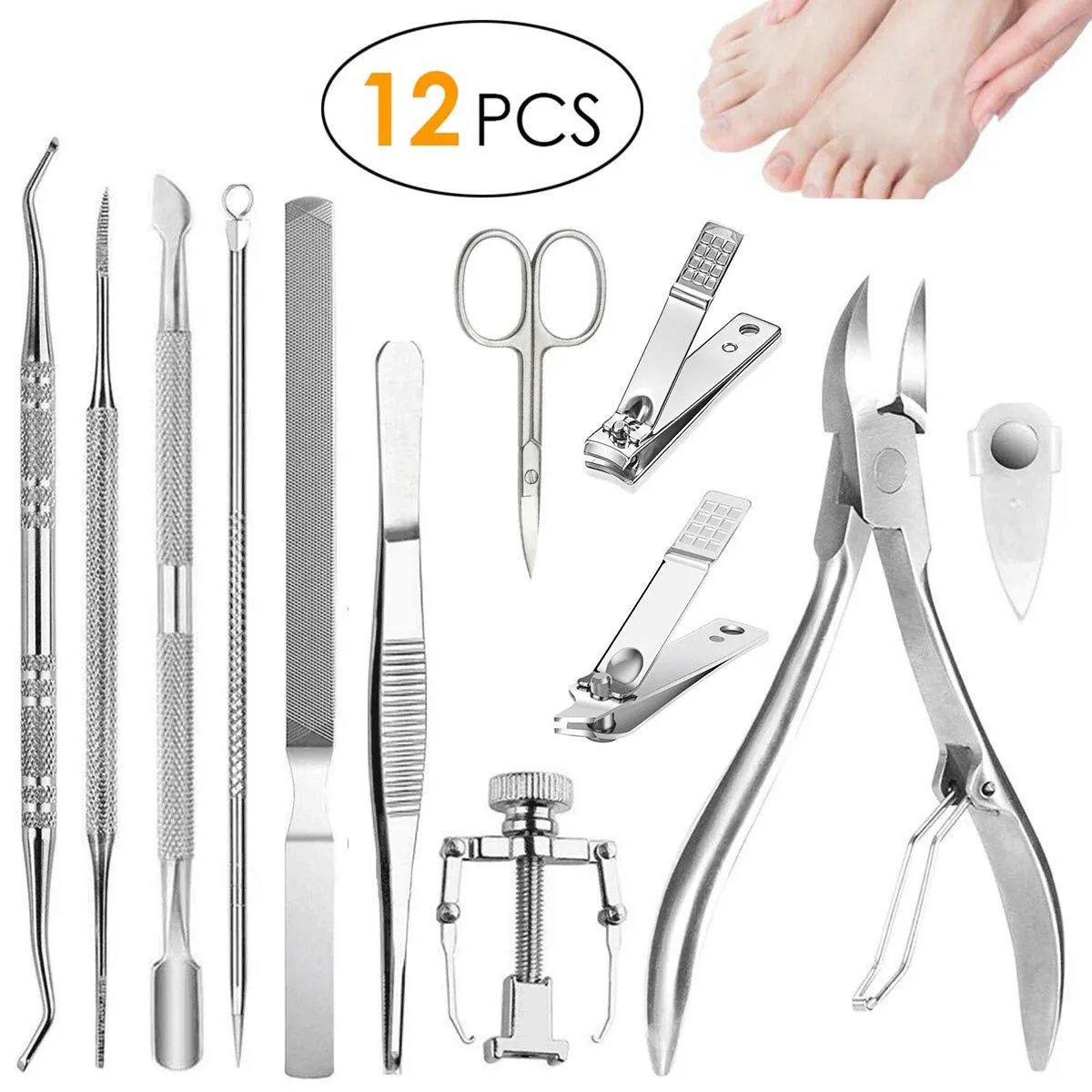 12Pcs/set Professional Pedicure Tools Ingrown Toenail Tools Kit Nail Care Ingrown Toenail Removal Correction Clippers Foot Care 210304