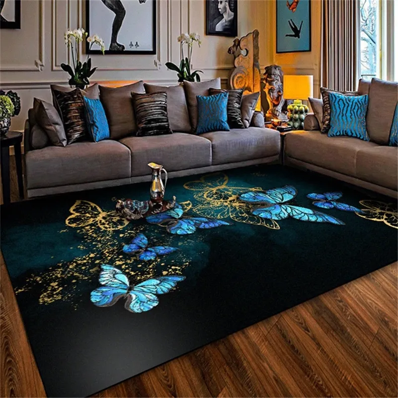 Estilo europeu azul borboleta grande tapete clássico sala de estar quarto tapete nórdico tapetes antiderrapinos esteira ao lado de tapetes 210301