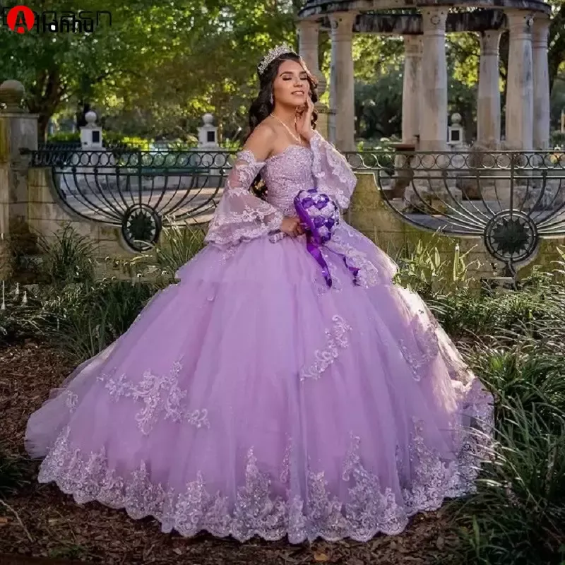 新着！ 2022王女ラベンダーQuinceaneraドレスVネックレースアップボールガウン甘い16ドレス長袖Vestidos DE 15 ANOS