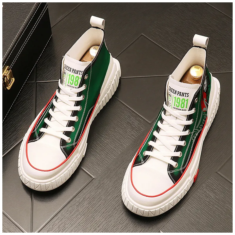 New Personality High Top Shoes Hip Hop Board Loafers 2021 Fall Men`s Shoes Graffiti Style Shoes Ankle Boots Trend