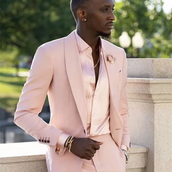 Elegancki Luksusowy Różowy Szal Kapel Mężczyźni Garnitury Tuxedo Costume Homme Terno Masculino Slim Fit Blazer 2 Sztuk (Kurtka + Spodnie) X0608