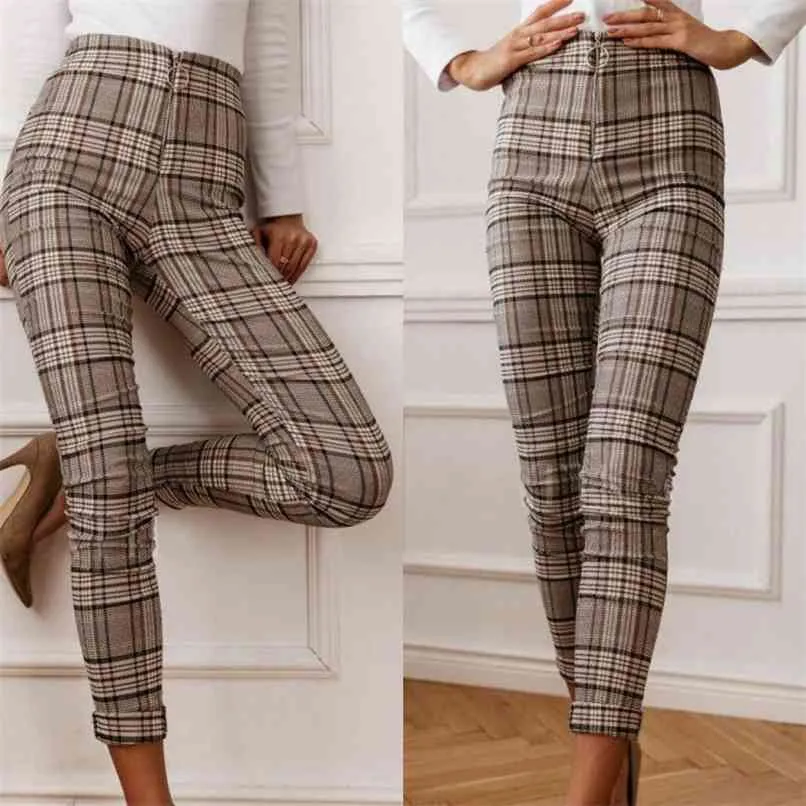 Wysoka talia Spodnie w kratę Kobiety Skinny Spodnie Vintage Długie Eleganckie Slim Ol Zipper Sprawdź Ołówek Pantalon D30 210915