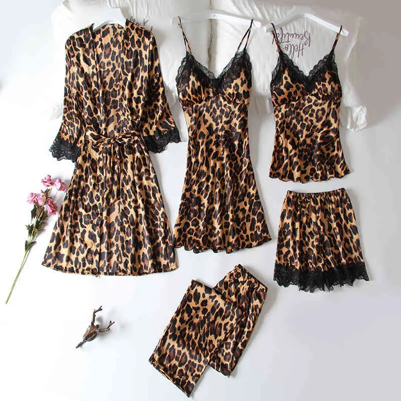 Summer New 5 Pcs Set Women Pyjama Satin High Quality Sexy Leopard Sleepwear With Chest Pad Pajamas X0526