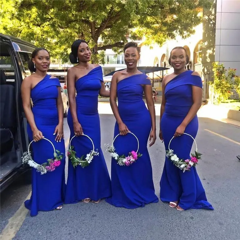 Royal Blue Bridesmaid Dresses Mermaid Satin African Plus Size Floor Length One Shoulder Custom Made Maid Of Honor Gown Coutry Wedding Party Vestido 403 403