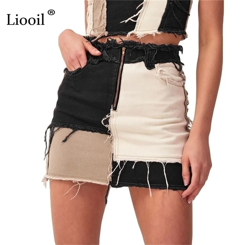 LIOOIL Patchwork Bawełna Denim Wysoka Talia A-Line Spódnice Z Kieszeniem Jesień Streetwear Kolor Blok Zipper Kobiety Sexy Mini Spódnica 210621