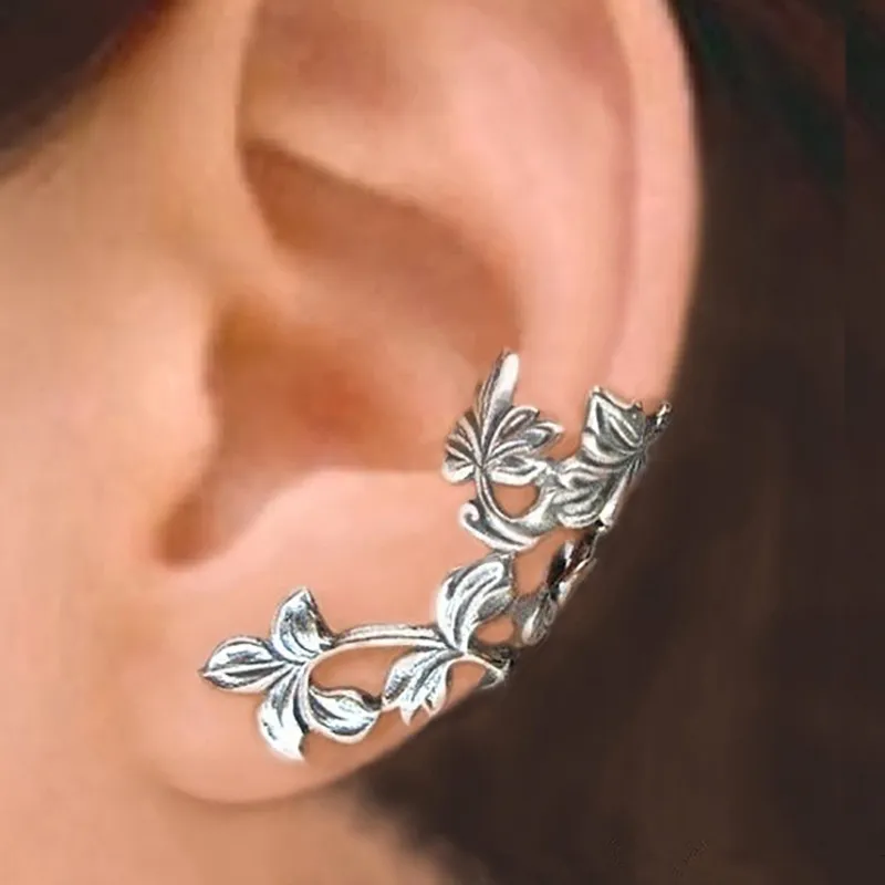 Antique Flower Mankiet Ear Cuff Vintage Wydrążony Out Leaf Kolczyki Dla Kobiet Dziewczyn Non Piercing Biżuteria