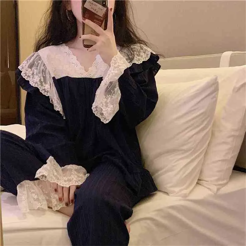 V-hals nachtkleding lente kant patchwork vrouwen huis chic comfortabele Koreaanse katoenen mode pyjama suits sets 210525