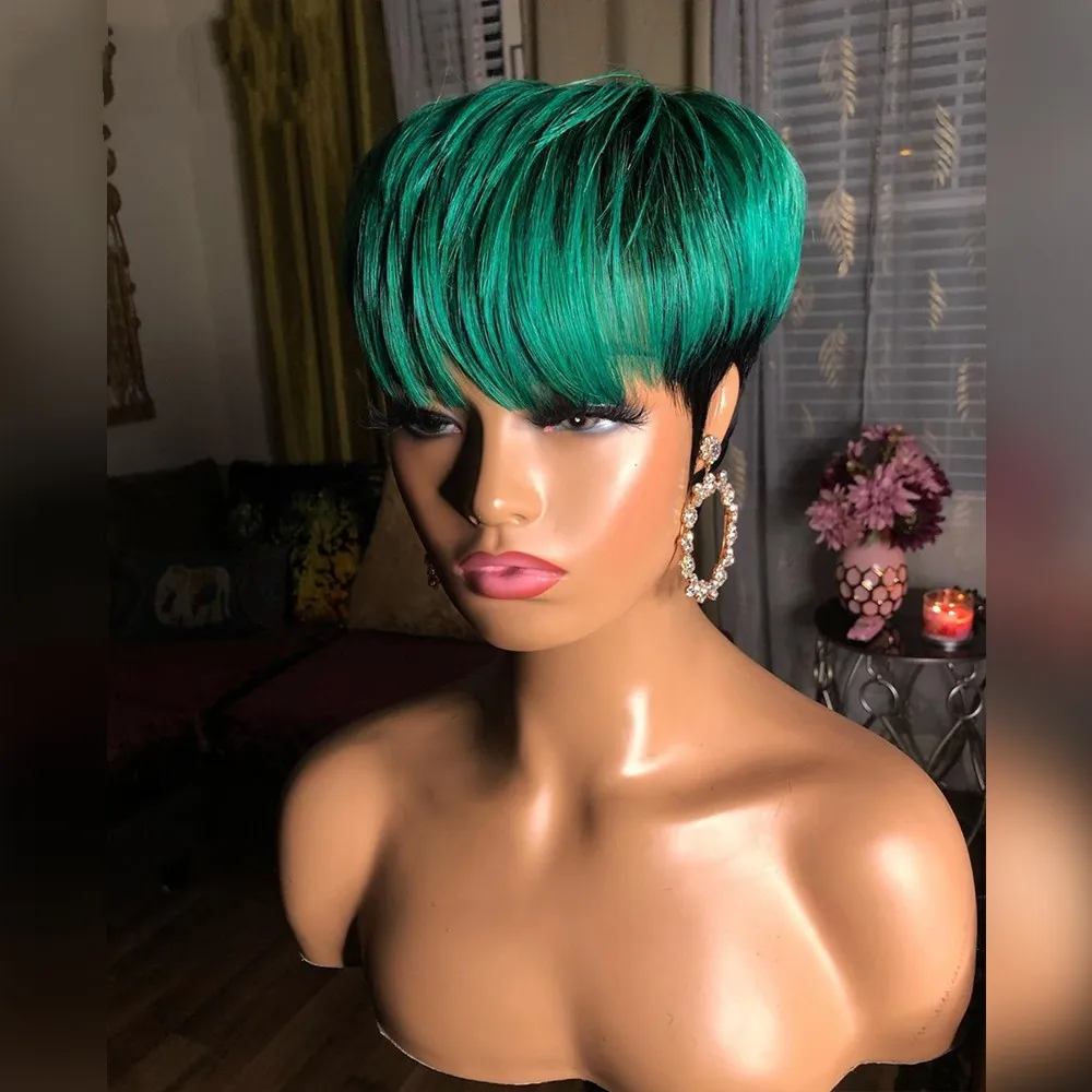 Curto reto Bob Pixie Corte Nenhum Rendas Front Humano Cabelo Preto / Loira / Ombre Peruca Verde Loira Com Bangas Naturais para Mulheres