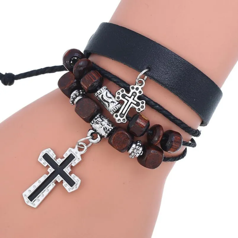 Pulsera de cuero cruzada con cuentas personalizada, amantes de la joyería retro, pulseras, brazaletes, joyería masculina para hombre