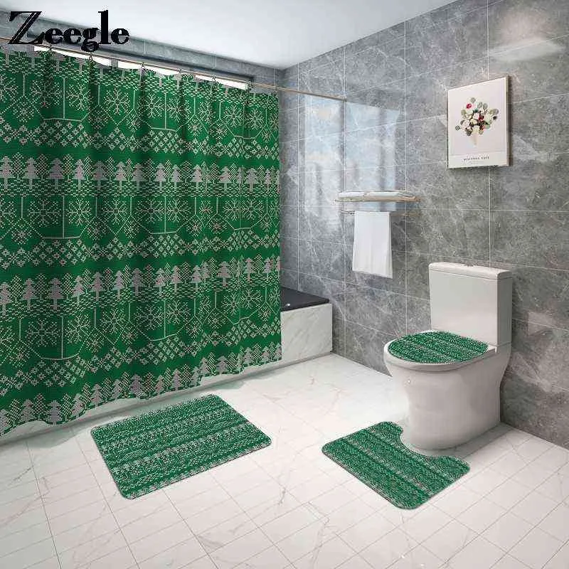 Printing Shower Curtain Toilet Mat Christmas Pattern Carpet Bathroom Decoration Home Textile Waterproof Foot Mat
