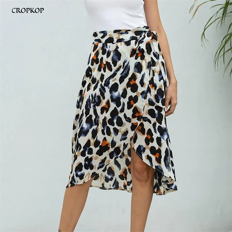 Chiffon Saias Mulheres Verão Leopardo Imprimir Envoltório Lacing-Up Split A-Line Saia Elastic Roupas Fenda Moda Fashion Ladies Comprimento Da Joelho 210309