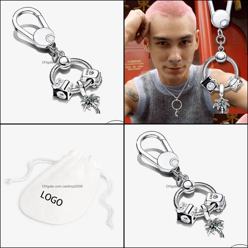 100% 925 Sterling Silver Key Rings Moments Small Bag Charm Holder Gift Set Fit Original European Charms Dangle Pendant Fashion Women Wedding Jewelry