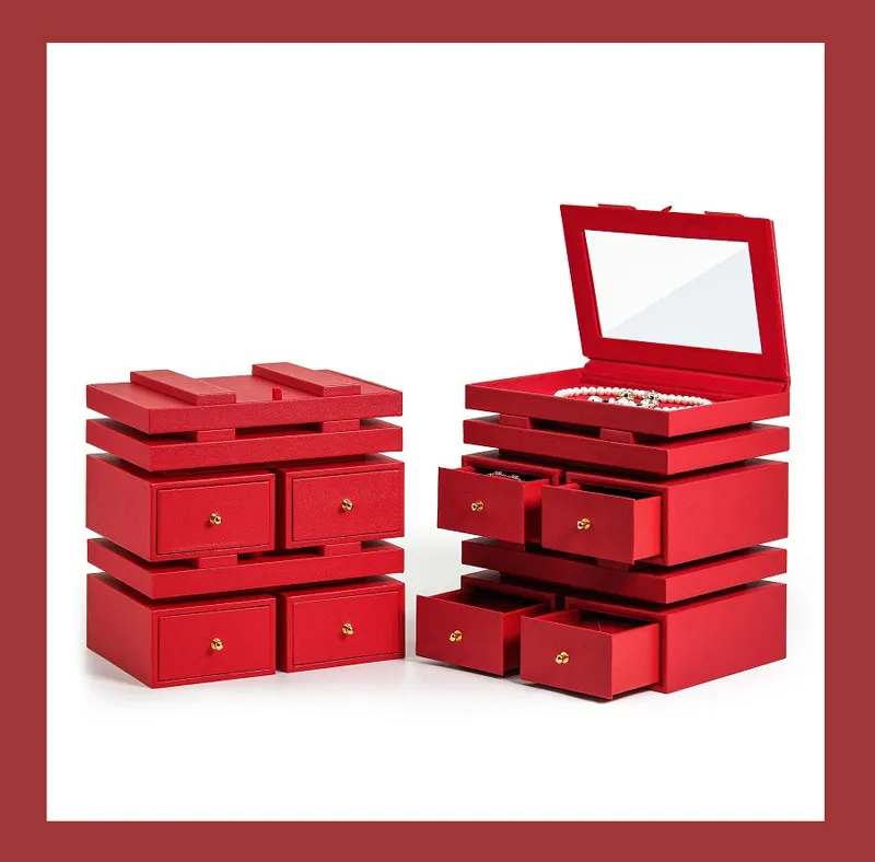 Scatole portaoggetti in legno creative a doppio strato rosse festive in stile cinese retrò Bella cassa decorativa - 24 * 17 * 26 cm