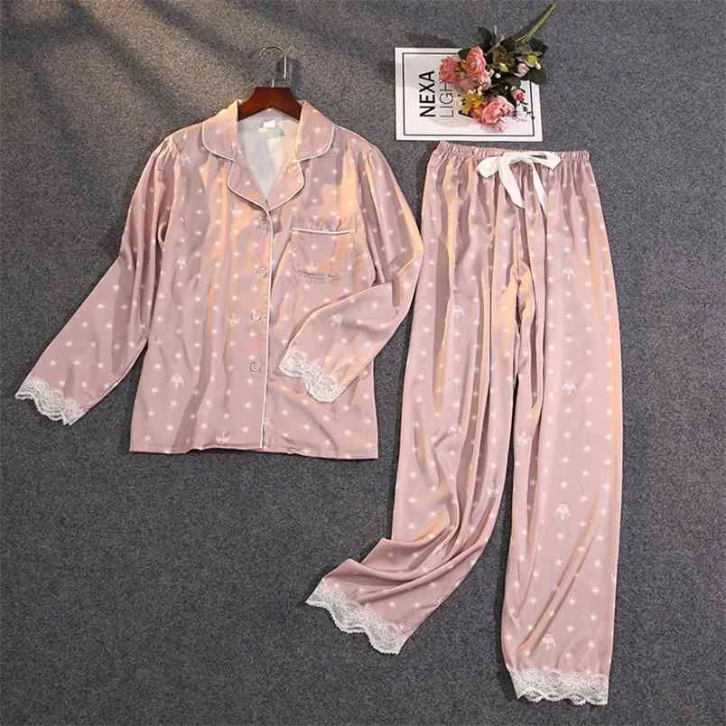 Lisacmvpnel Femmes D'été Deux Pièces Costume Pyjamas Glace Soie Satin Mince Outwear Imprimer Dentelle Pyjamas 210830