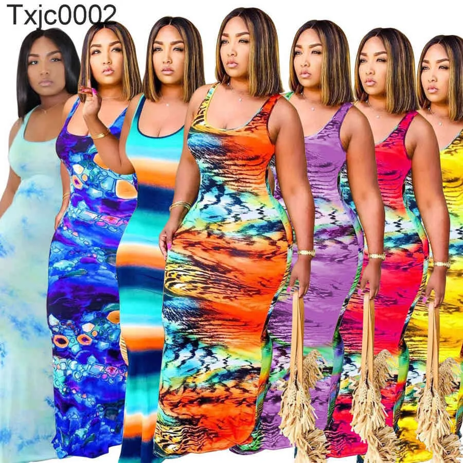 Kobiety Sukienka Designer Slim Sexy Tie Dye Bez Rękawów Midi Suknie Panie Wzór Drukowana Kamizelka Długa Spódnica 7 Kolory Plus Size S-5XL