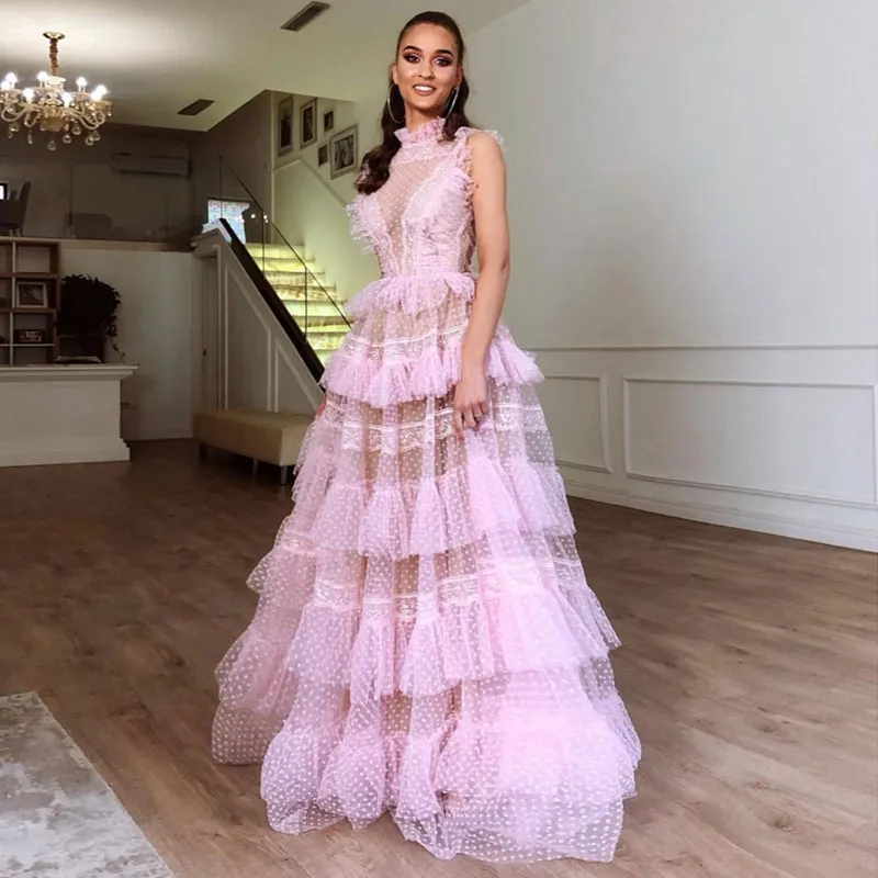 Vestidos de fiesta de encaje de color rosa claro, vestidos de noche con gradas y cuello alto, vestido Formal de tul con puntos hasta el suelo