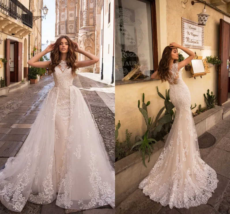 Eleagnt Lace Appliqued Light Champagne Mermaid Wedding Dresses With Detachable Train Luxury Beach Bohemian Plus Size Bridal Gown