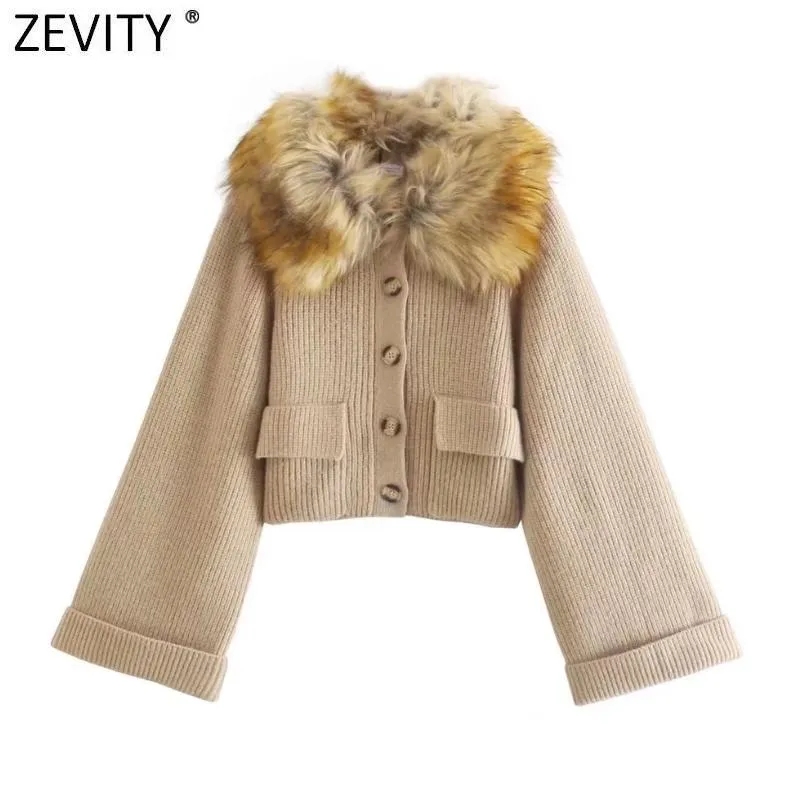Женские куртки Zeveity женская мода искусственный меховой воротник вязание пальто дамы двойные карманы Патч-кнопки CHIC Куртка Вес Femme Tops CT