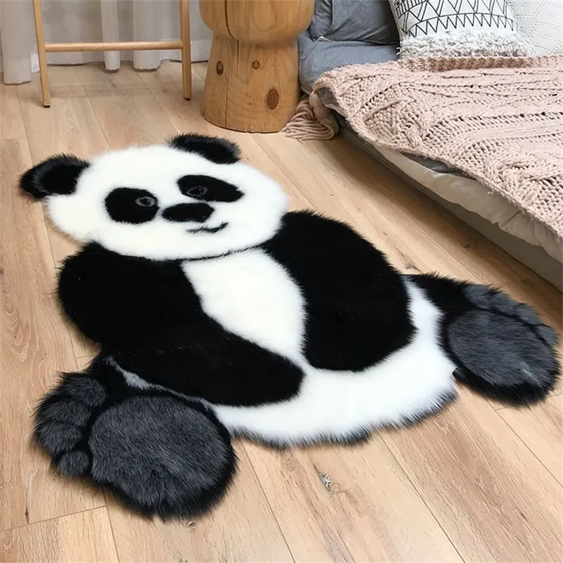 Panda Impresso Tapete Adorável Criança Carpete Cowhide Faux Couro Pele NonsLip Antislip Esteira 94x100cm Animal Imprimir Tapete 210301