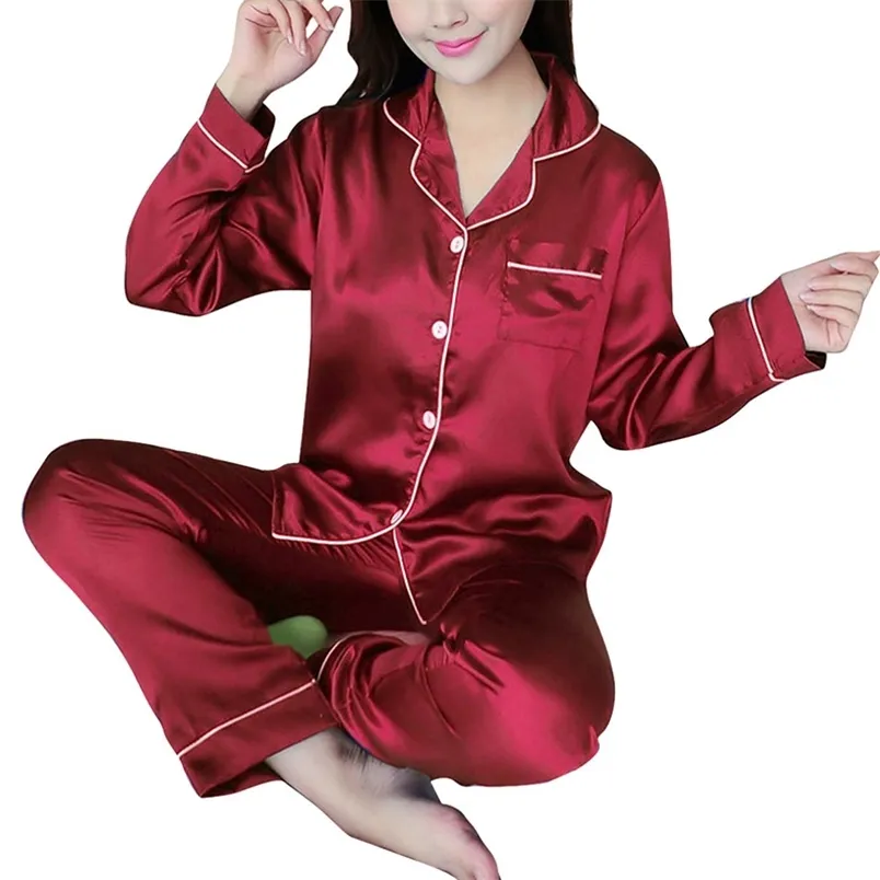 Automne femmes col rabattu pyjamas ensemble soie Satin à manches longues hauts + pantalon 2 pièces vêtements de nuit Pyjama grande taille 5XL 210901