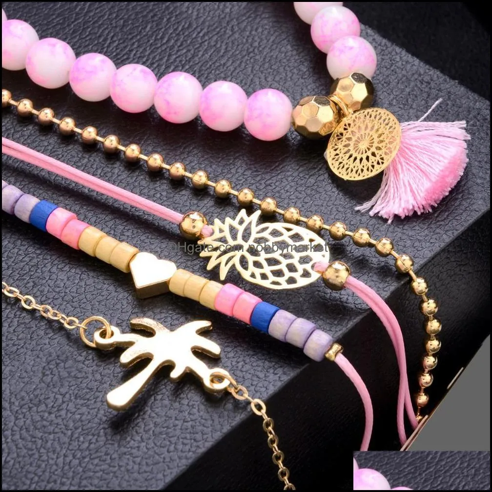 5 Pcs/Set Boho Women Pineapple Tassels Dreamcatcher Heart Coconut Tree Chain Bead Leather Bracelet Set Charm Fashion Accessories