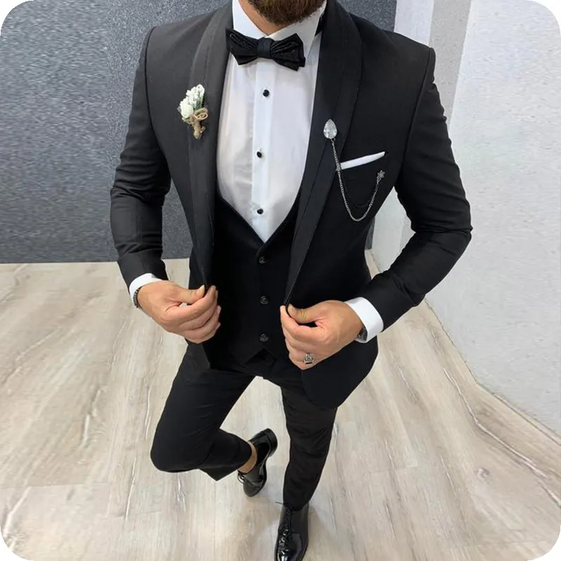 Ny stil brudgummen sjal lapel brudgum tuxedos svart män passar bröllop bästa man 3 stycken blazer (jacka + byxor + slips + väst) L622