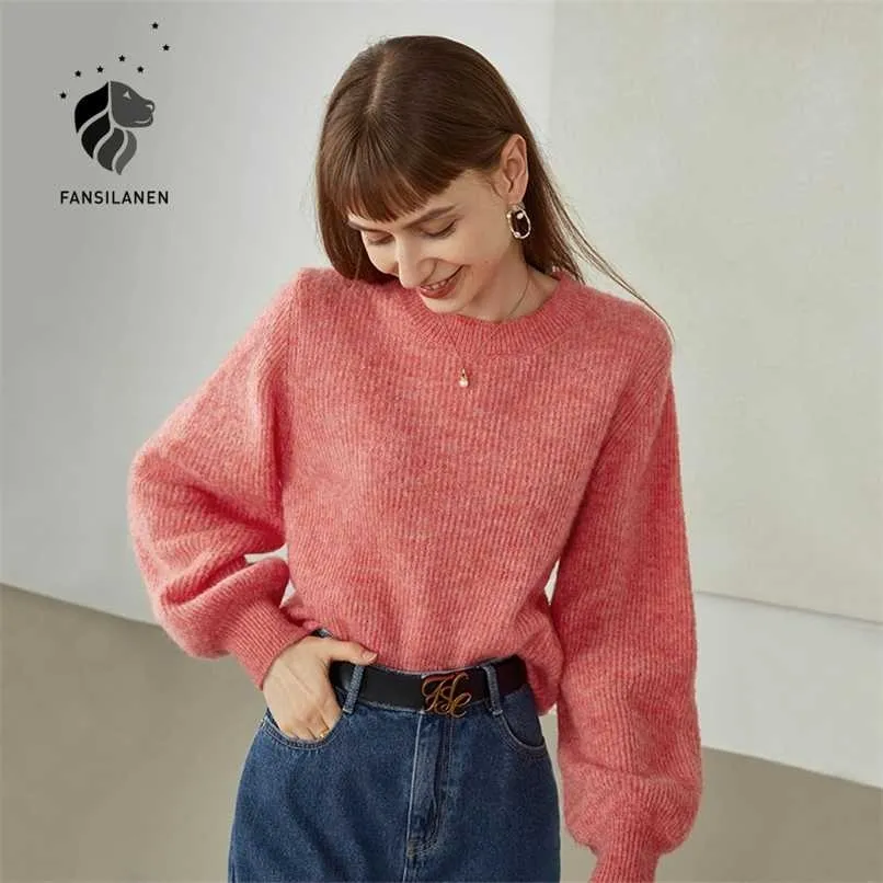 Fansilanen Sweater Kvinnor Kvinnors Solid Enkla Pullovers Tröja Tidig Höst Lantern Sleeve Round Neck Top Långärmad Toppar 211218