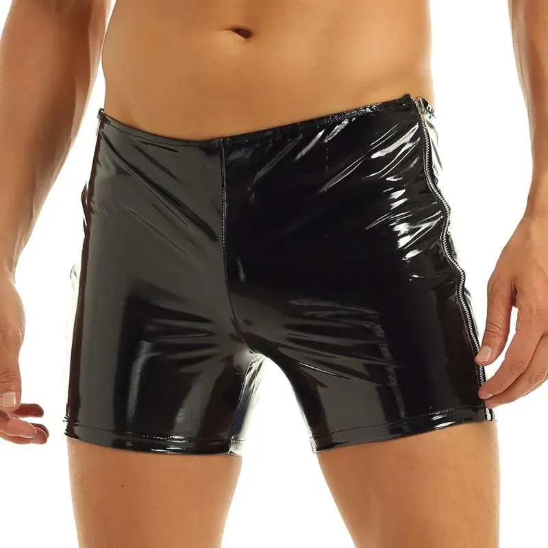 スナンドパンツメンズエロティックレザーパンツ短い男性特許ボクサーセクシーな下着のそばのセックスポルノラテックスジッパー