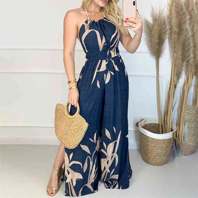 Kvinnor Mode Elegant Ärmlös Partywear Jumpsuits Overaller Formell Party Romper Print Halter Slit Wide-Legs Party Jumpsuit 210716