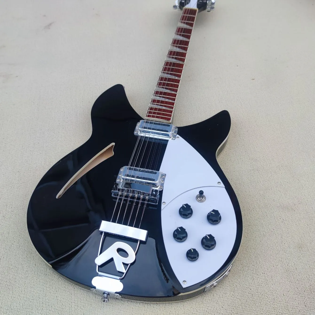 , guitare électrique Rick 360 12 cordes de haute qualité, peinture noire, personnalisable sur demande