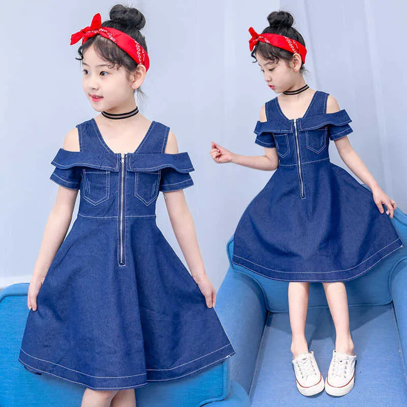 Crianças Denim Vestido para Meninas Roupas de Verão Casuais Rufles Bebles Jean Vestido Bebê Crianças Cute Sólido Outfits Vestidos 4-12 y Q0716