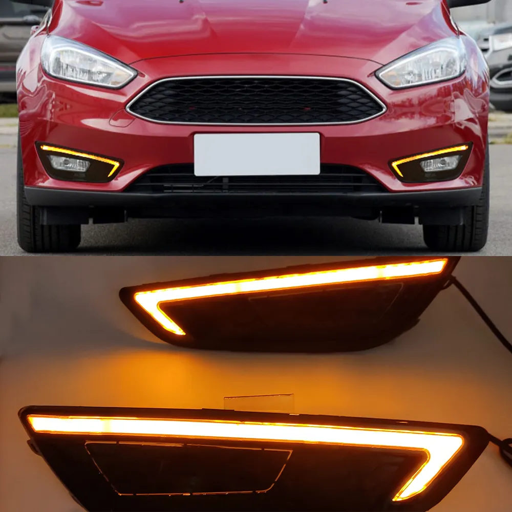 1Set LED DRL Yellow Turn signal daytime running lights fog lamps cover For Ford Focus 2015 2016 2017 2018