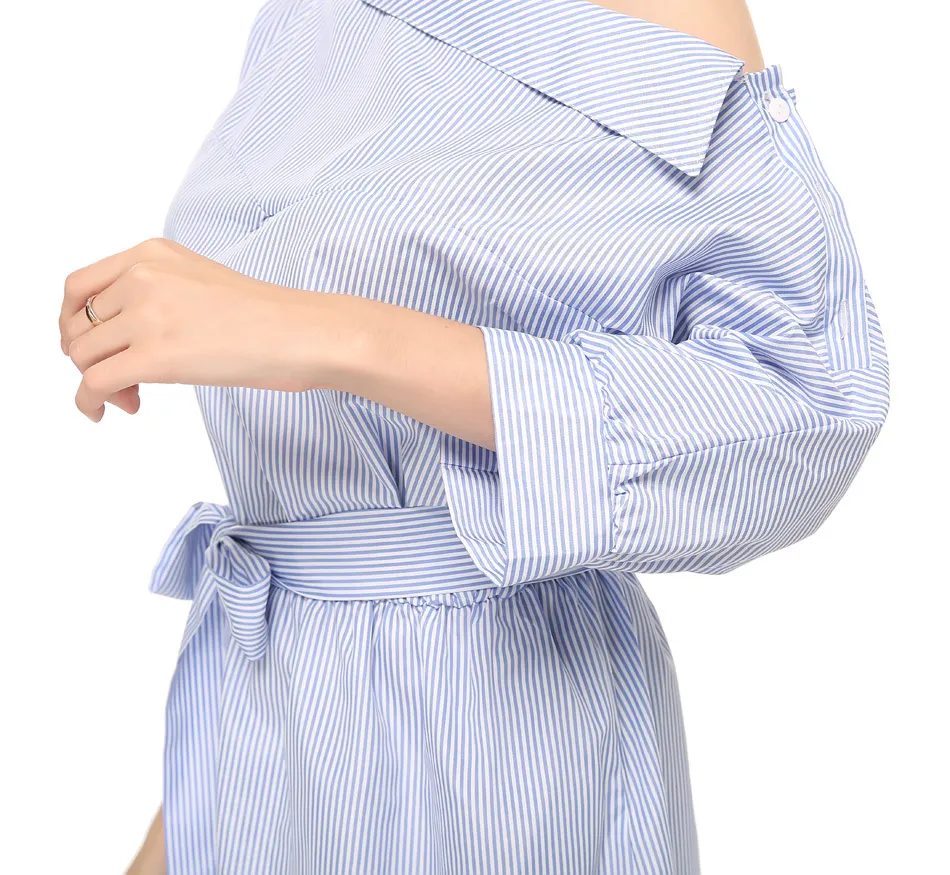 blue striped off shoulder dress Charlie Blue Striped Off Shoulder Mini Dress - 6