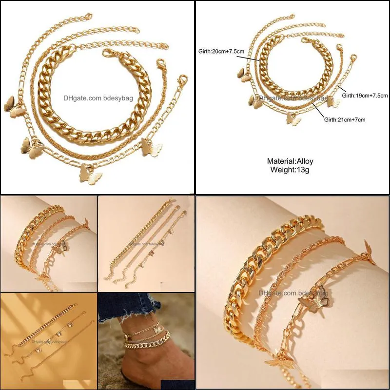 Bohemian Gold Butterfly Chain Anklets Set For Women Girls Fashion Multi-layer Anklet Foot Ankle Bracelet Beach Jewelry