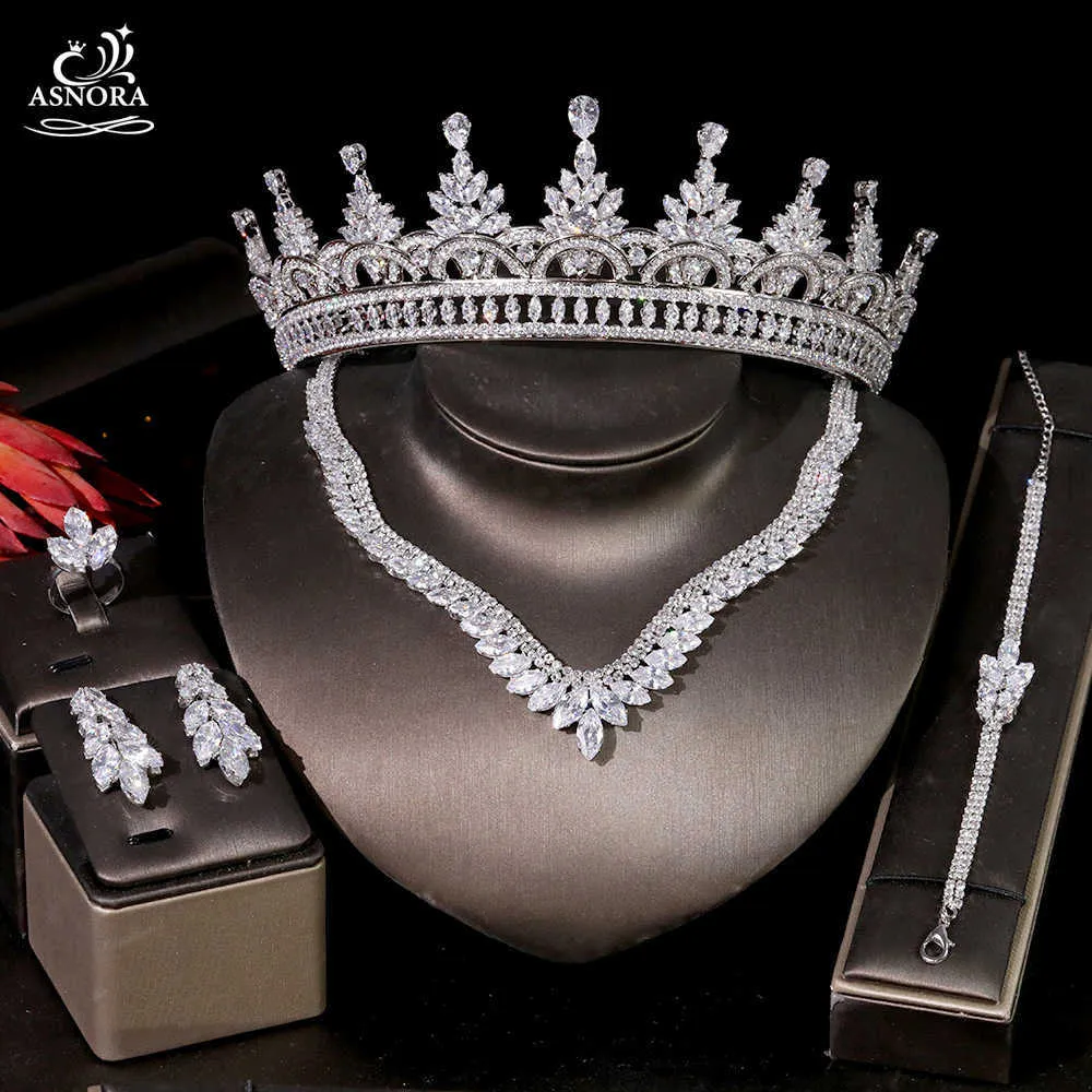 Fashion Bride Wedding Crown Crystal Headdress Necklace Earrings Bracelet Ring Bridal Wedding Jewelry Set T0939 H1022