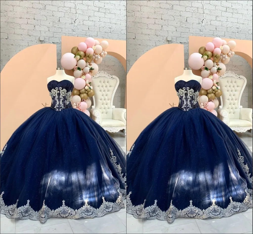 2021 Navy Blue Princess Strapless Quinceanera Jurken Parels Kant Corset Back Geplooide Graduation Jurk voor Middelbare school Dames Sweet 16 Jurk