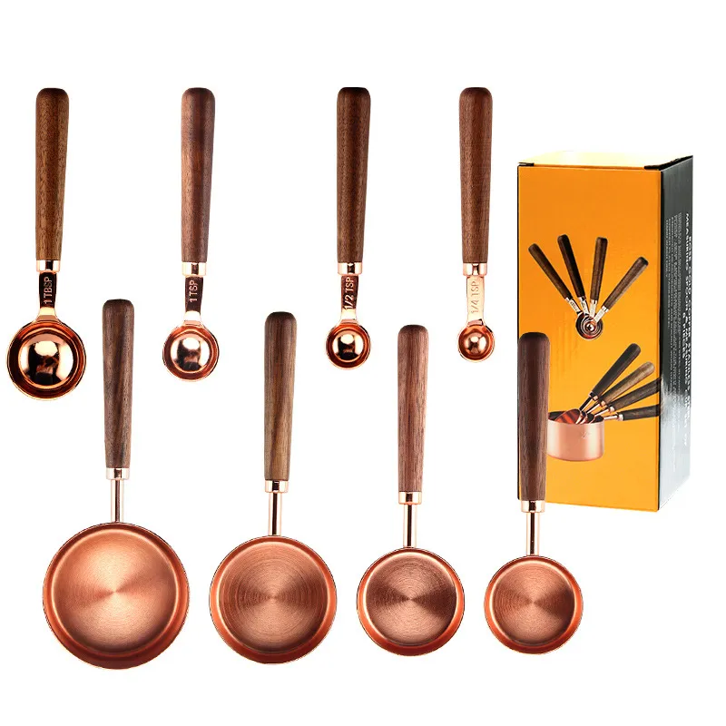 Rose Gold Measuring Cups And Spoons Set With Wooden Handles Kitchen ...