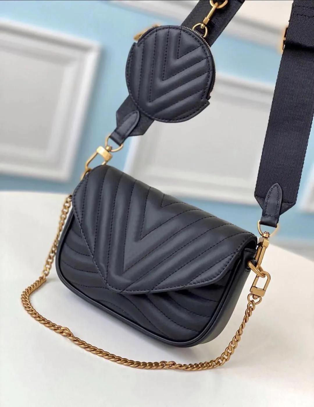 NEW WAVE MULTI-POCHETTE M53936 M56466 M56461 Women Chain Strap Combination Round Coin Purse Real Calf Leather Mini Wallet Cross body Bag